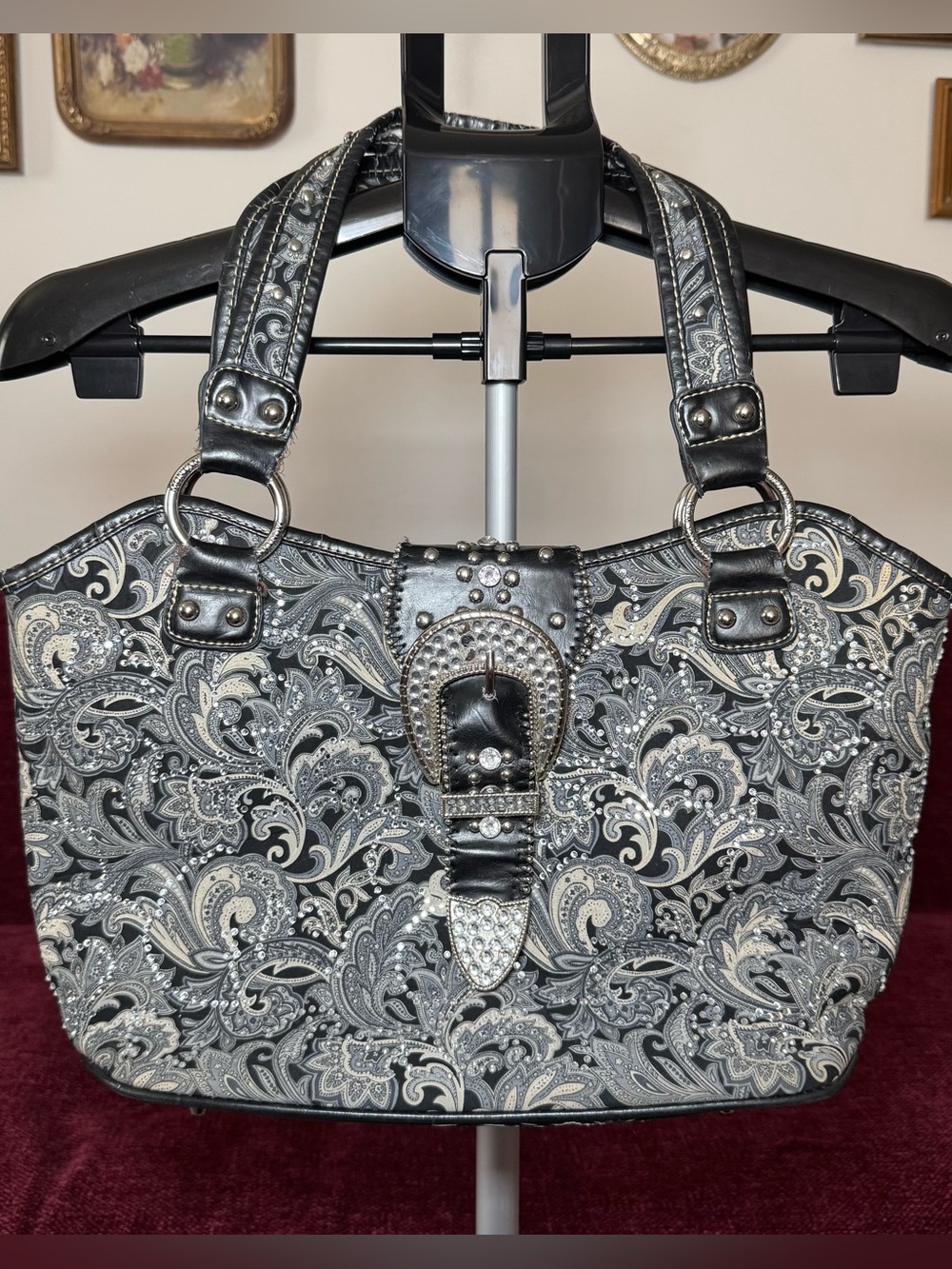 Y2K Grey & Black Paisley Embellished Tote Bag with Mcbling Buckle Accent
